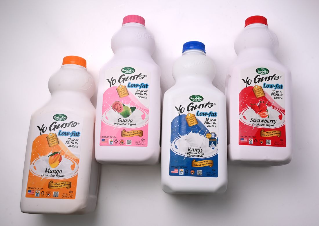 Tropical yogurt drinks in mango, guava and strawberry